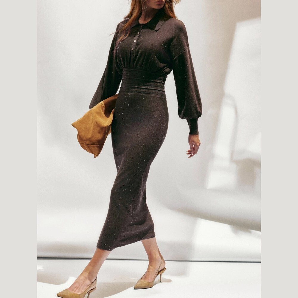 Espresso Brown Ribbed Waist Knit Collared Bishop Sleeve Maxi Sweater Dress